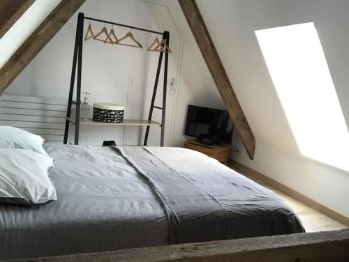 a bedroom with a bed and a television in a attic at Spa privatif à la ferme - Haut de gamme - Atypique in Bois-Grenier