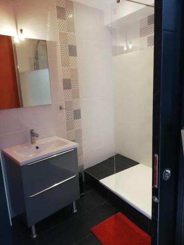 une salle de bain avec un lavabo et un miroir dans l'établissement Le charmant port de Morlaix à votre porte !, à Morlaix