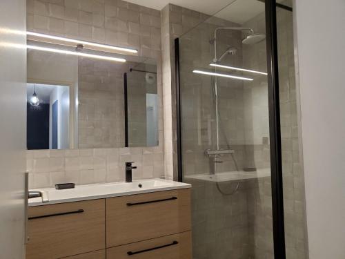 une salle de bain avec un lavabo et une douche avec un miroir dans l'établissement FREJUS PLAGE Miougrano T2 55m2 Climatise Piscine, à Fréjus