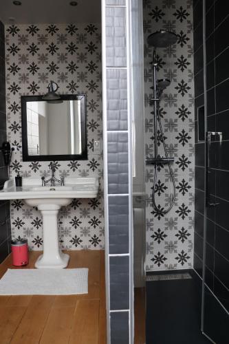 une salle de bain avec un lavabo et un miroir dans l'établissement Les Tourelles, à La Tour-du-Pin