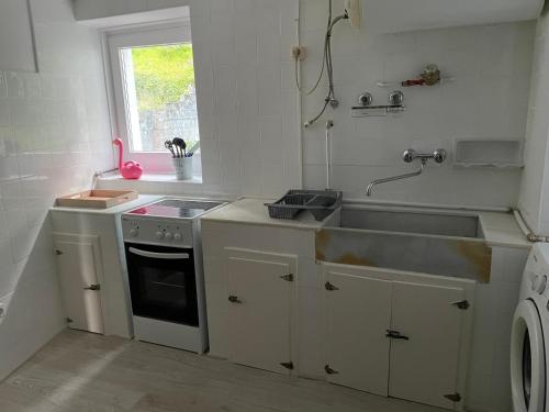 uma pequena cozinha com um lavatório e um fogão em Singular apartamento en Elantxobe Urdaibai em Elanchove
