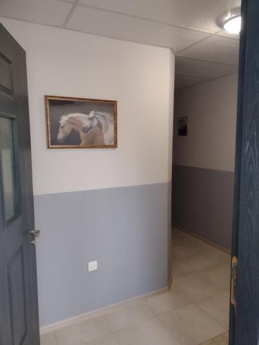 a hallway with a painting on a white wall at Apartments EMIZA in Samokov