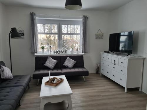 a living room with a couch and a tv at Auf der Reuth in Selb