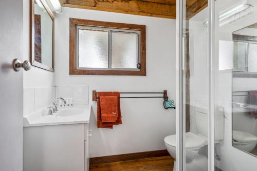 a bathroom with a sink and a toilet and a shower at Gaddleen Grove Cottages in Wodonga