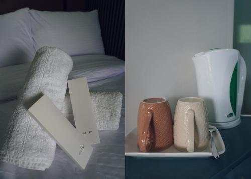 two pictures of a bedroom with a bed and a mug at Cebu Backpackers Hostel in Cebu City
