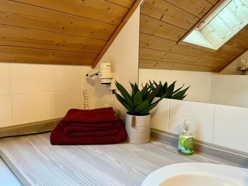 - Baño con toalla roja y lavamanos en JS Feriendomizile Haus Abendrot Bettwäsche Handtücher inkl, en Hasselfelde