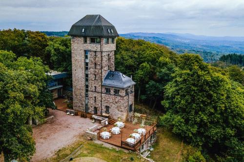 une vue aérienne sur une tour dans les bois dans l'établissement Hallgarter Zange, à Oestrich-Winkel