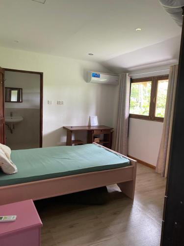 a bedroom with a bed with a mirror and a desk at Garden Beach Apartment Zanzibar in Pwani Mchangani
