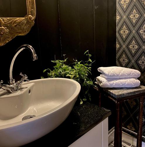 a bathroom with a white sink and a plant at Kinna Bed & Breakfast in Kinna