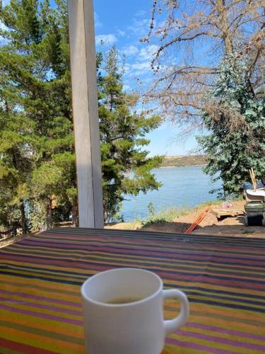 a cup of coffee on a table with a view of the water at Casa Lago Rapel - Punta Verde in Lago Rapel