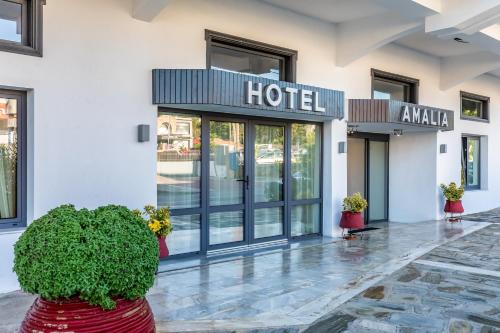 a hotel entrance with plants in front of it at Amalia Hotel in Skopelos Town