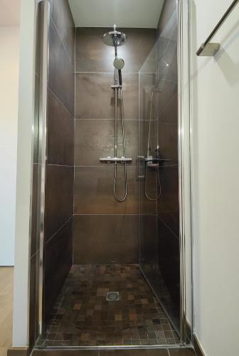 une douche avec une porte vitrée dans une salle de bain dans l'établissement Lady Rollestone Hardelot Plage, à Hardelot-Plage