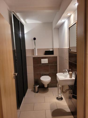 La salle de bains est pourvue de toilettes et d'un lavabo. dans l'établissement Ferienwohnung Loreley, à Weisel