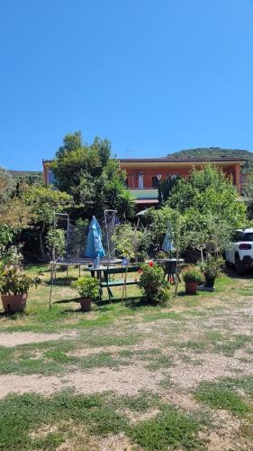a park with a picnic table and trees and a building at B&B da Donatella in Santa Maria Coghinas
