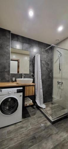a bathroom with a washing machine and a sink at Kechi Apart Hotel in Tsaghkadzor