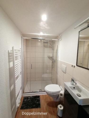 a bathroom with a shower and a toilet and a sink at Doppelzimmer bei Ferienwohnung Kilian in Weberstedt