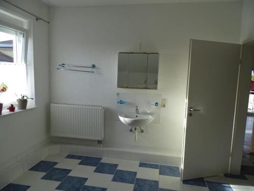 a bathroom with a sink and a mirror at Ferienwohnung Lottstetten in Lottstetten