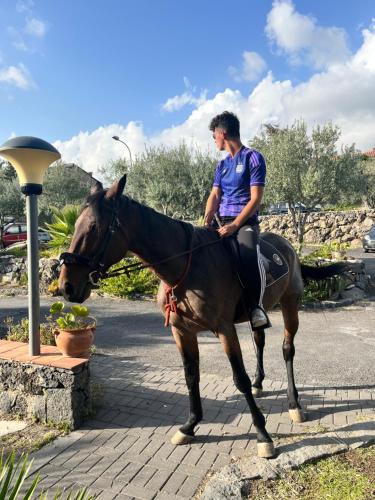 Un uomo che cavalca un cavallo per strada di Villa Casina dell'Etna a Ragalna