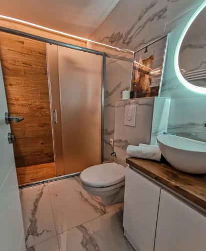 a bathroom with a toilet and a sink at Teddy Bear Jacuzzi Spa Apartment Sarajevo in Sarajevo