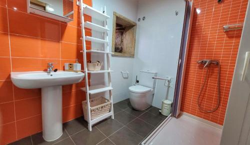 La petite salle de bains est pourvue d'un lavabo et de toilettes. dans l'établissement Casa Do Ghabino, à Santa Comba