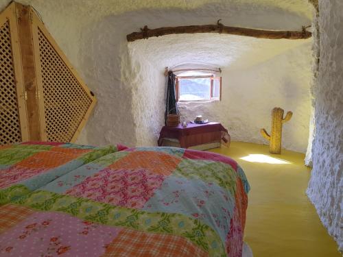 1 dormitorio con cama y ventana en Creatively designed CaveHouse with jacuzzi, en Gorafe