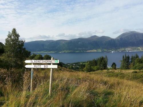 a sign on the side of a hill next to a lake at Nyoppusset leilighet. Dusj med steambad. in Åheim