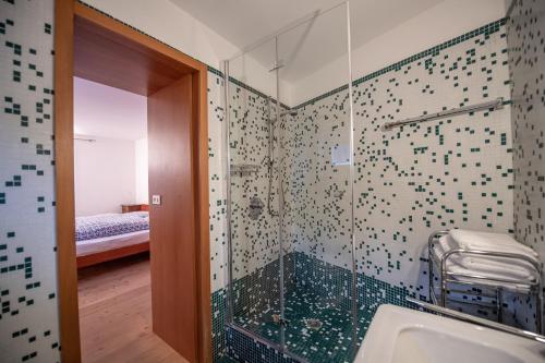 オルティゼーイにあるApartments Stinaのバスルーム(ガラス張りのシャワー、シンク付)