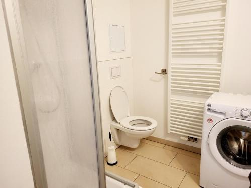 a bathroom with a toilet and a washing machine at Floridsdorfer Apartment - Free Highspeed-Internet in Vienna