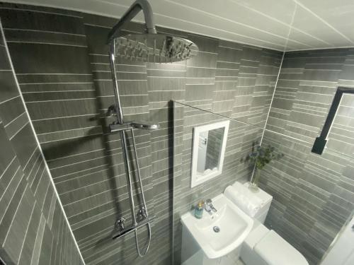 uma casa de banho com um chuveiro, um WC e um lavatório. em Stunning 4-bedroom Cabin with Hot Tub in Beattock! em Beattock