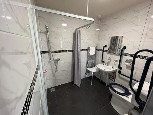 ein Bad mit einer Dusche, einem WC und einem Waschbecken in der Unterkunft The Black Horse Inn in Gainsborough