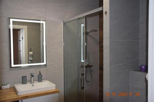 uma casa de banho com um chuveiro e um lavatório. em Apartament Spokojny em Wisla