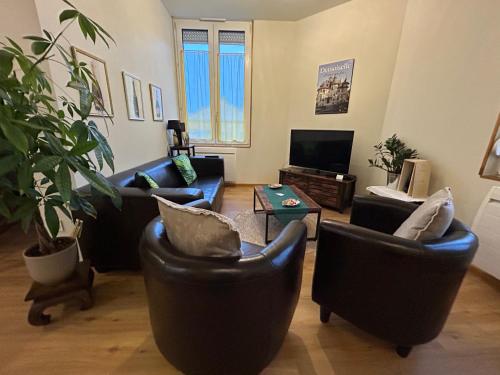a living room with two leather chairs and a tv at Champagne & Grand Cru in Ay