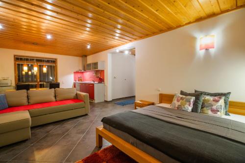 a living room with a bed and a couch at Bungalov Komfort in Liptovský Mikuláš