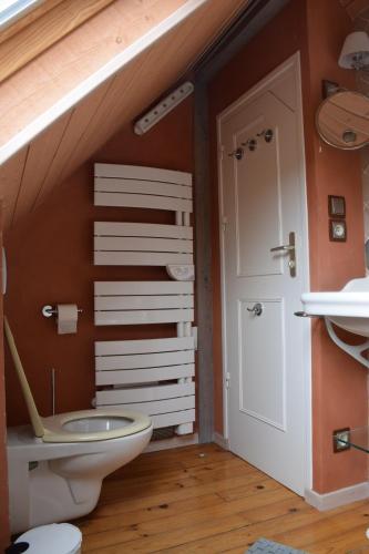 a bathroom with a toilet sitting under a staircase at Petit duplex de charme sous les toits du Mont-Dore in Le Mont-Dore