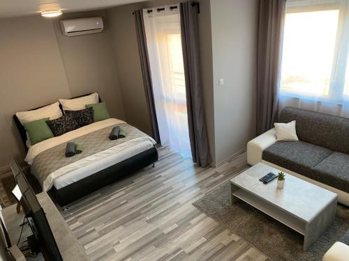 a bedroom with a bed and a couch and a table at Backyard Apartment in Miskolc
