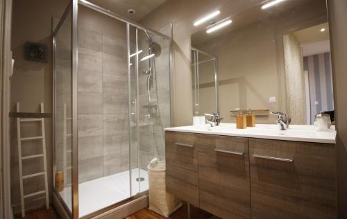 y baño con ducha, lavabo y espejo. en Appartements Plantagenet - Le 27 en Le Mans