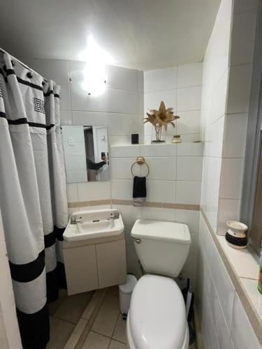 uma casa de banho branca com um WC e um lavatório em Habitación pleno centro de Viña del Mar con entrada y baño independiente privado. r em Viña del Mar