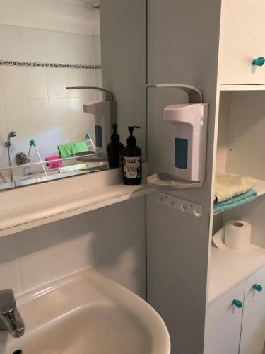 a bathroom with a sink and a toilet and a mirror at Attraktives Landhaus Nähe Bremen in Stuhr