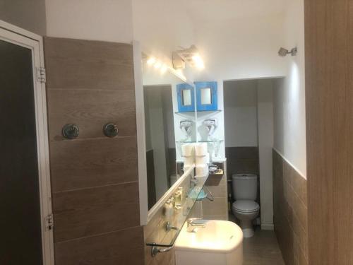 uma casa de banho com um lavatório, um espelho e um WC. em Jasmin 4 em Netanya