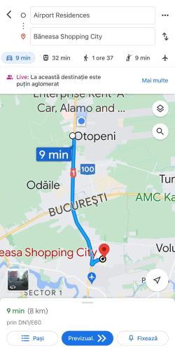 a screenshot of a google maps screen with a bus at Welcome to Bucharest Airport Residences & Therme-SELF CHECK-IN in Otopeni
