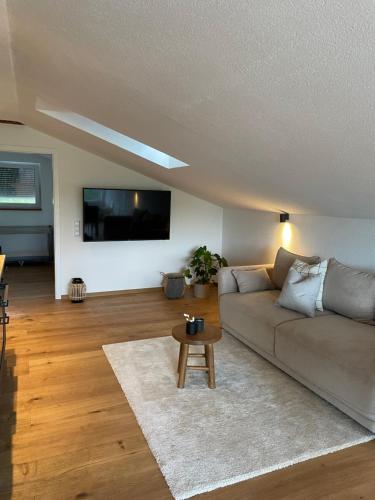 a living room with a couch and a flat screen tv at Die Römer in Schwaigern