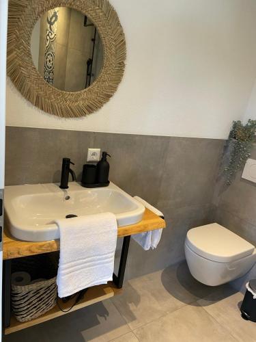 a bathroom with a sink and a toilet and a mirror at Die Römer in Schwaigern