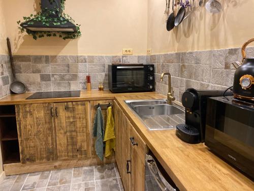 une cuisine avec un évier et un micro-ondes dans l'établissement INSOLITE - Le Gîte de l'Anneau - Immersion GARANTIE - VERDUN Centre - Géré par Presta-Zen'Services, à Verdun-sur-Meuse