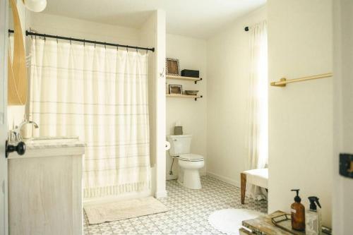 a white bathroom with a toilet and a shower at Hot Tub & Catskill Hiking, 15min from Hudson & Amtrak in Catskill
