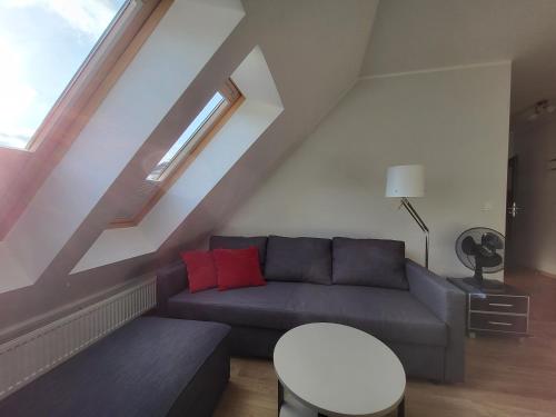 a living room with a blue couch with red pillows at Apartament 3 - Bliżej Zdroju in Polanica-Zdrój