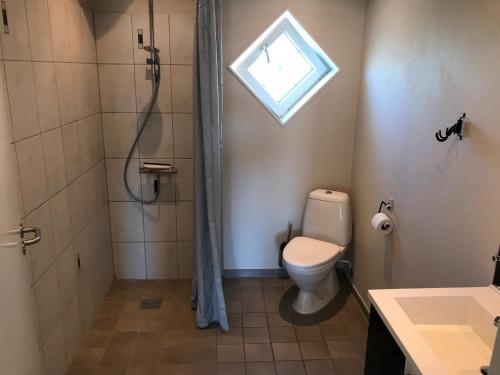 baño con aseo y ducha y ventana en Oldfruen - Rooms & Apartments, en Bøtø By