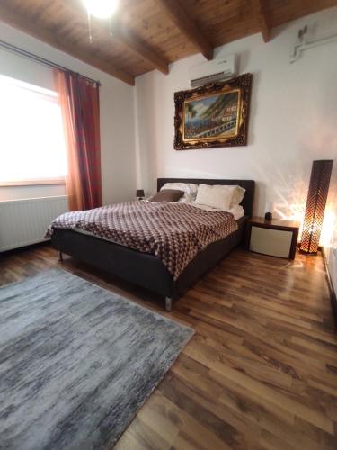 um quarto com uma cama grande e uma janela em Borostyán Apartmanház em Mórahalom