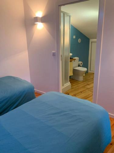 a bedroom with a bed and a bathroom with a toilet at CASA DO ESTÁBULO - Vila Garcia - Trancoso in Carigas