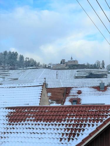 a view of roofs with snow on the roofs at Alte Schule, Ferien- und Monteurwohnung in Gernsbach