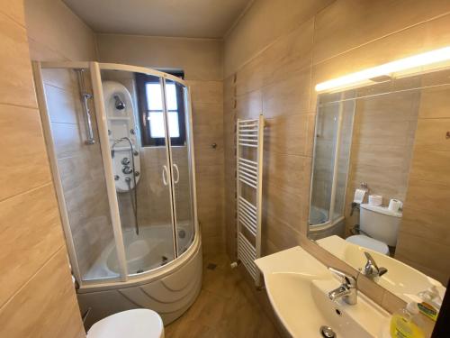 La salle de bains est pourvue d'une douche, d'un lavabo et de toilettes. dans l'établissement House Trivia, à Bansko
